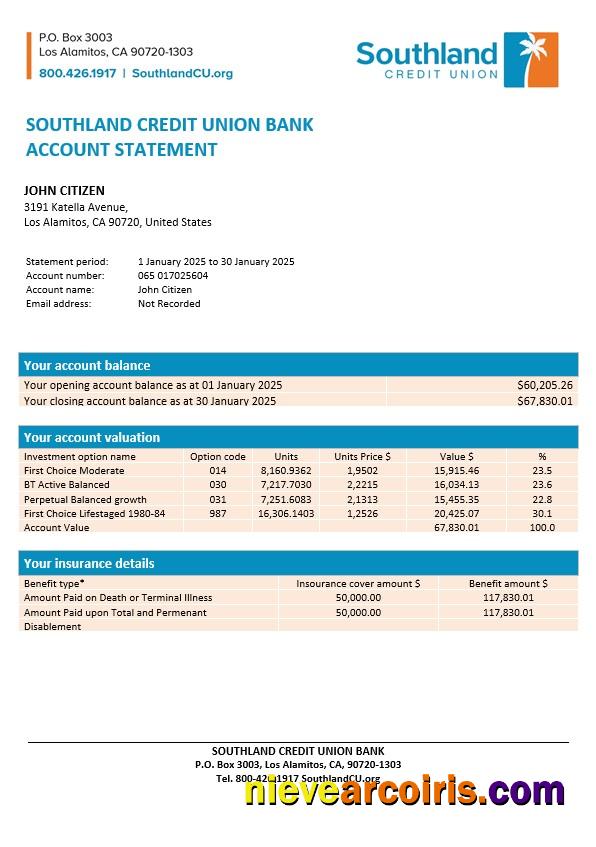 USA California Southland Credit Union Bank statement, Word and PDF